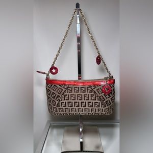 Fendi Beige Zucchino Coated Canvas Baguette Chain Shoulder Bag